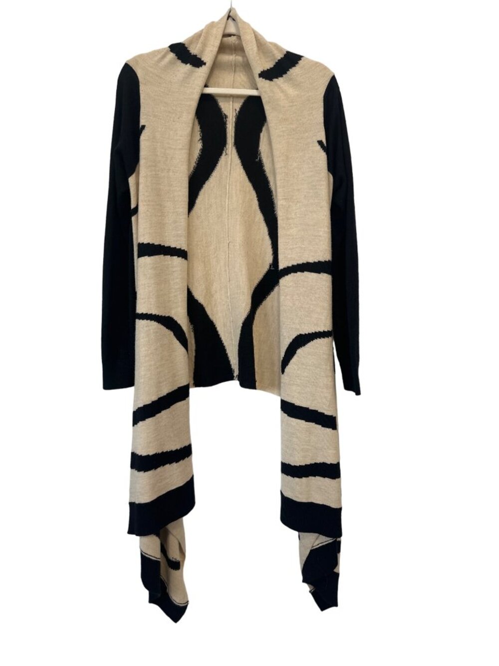 Cynthia Rowley Cardigan Sweater Medium Asymmetrical Merino Wool Blend Tan Black